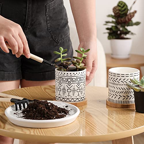 JOFAMY Succulent Pots, 4 Pack Ceramic Planters for Indoor Plants, Boho Original Design Flower Pots with Drainage Hole, Bamboo Tray. Stylish Plant Pots for Succulents, Aloe, Cactus, Home Office Decor