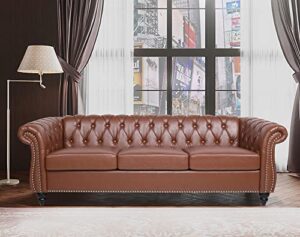 homsof 84" rolled arm chesterfield 3 seater sofa mid century modern couch for small spaces, brown pu leather