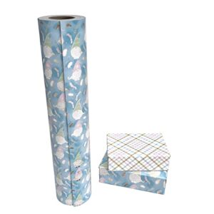 WRAPAHOLIC Reversible Christmas Wrapping Paper - 30 Inch X 100 Feet Jumbo Roll Blue Gnome and Plaid Design with Metallic Foil Shine