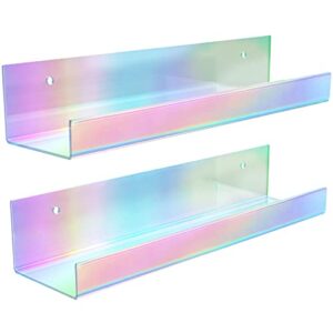 newthinking 15 inch rainbow acrylic floating shelves, 2 pack iridescent floating shelves acrylic wall shelf display bookshelf for bedroom bathroom kitchen