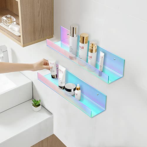 Newthinking 15 Inch Rainbow Acrylic Floating Shelves, 2 Pack Iridescent Floating Shelves Acrylic Wall Shelf Display Bookshelf for Bedroom Bathroom Kitchen