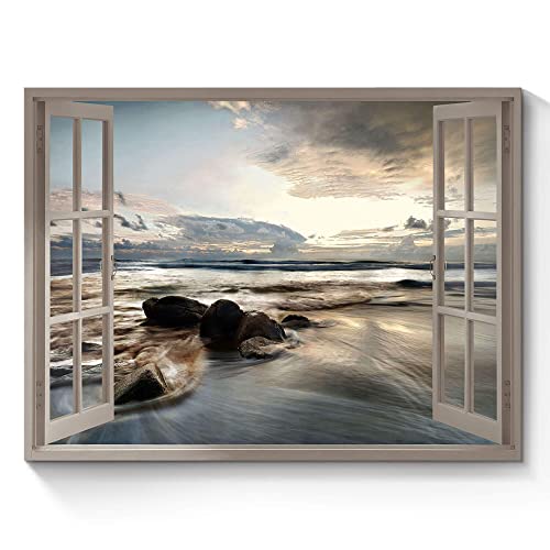 Fake Window Coastal Wall Art: Rocky Beach Artwork Lake Under Sunset Canvas Painting Nature Landscape Prints Ocean Clouds Modern Photo Small Quiet Seascape for Bedroom Office Living Room