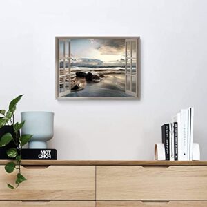 Fake Window Coastal Wall Art: Rocky Beach Artwork Lake Under Sunset Canvas Painting Nature Landscape Prints Ocean Clouds Modern Photo Small Quiet Seascape for Bedroom Office Living Room