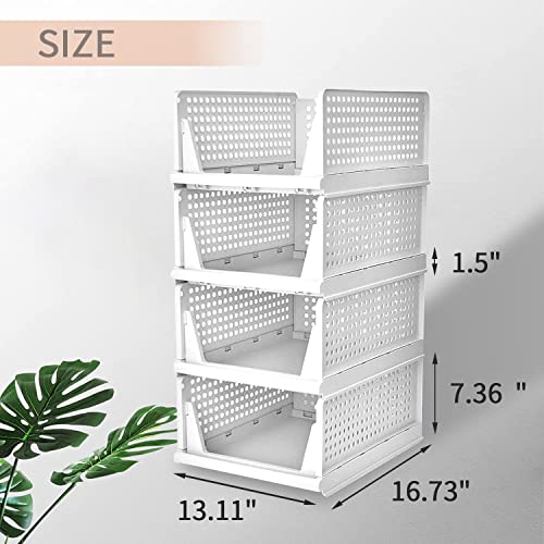 Closet Organizers Storage Bins 4 Pack, Stackable Plastic Storage Basket, Folding Wardrobe Storage Box-Drawer Shelf Storage Container for Office Wardrobe Cupboard Pantry Kitchen Cabinets Bathroom