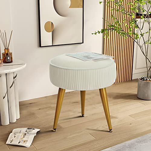 Quimoo Vanity Stool, Velvet Round Ottoman Modern Dressing Stool, Vanity Chair for Makeup Room, Bedroom, Living Room, Makeup Chair for Vanity, Capacity 280lb, Easy to Assemble, White