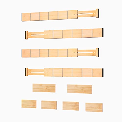 Hodeuineer Bamboo Drawer Dividers With 6 Inserts,Spring Loaded Kitchen Drawer Organizer,Adjustable Drawer Dividers Works In Bedroom,Bathroom,Office and Kitchen,4 Pack(17-22inch)