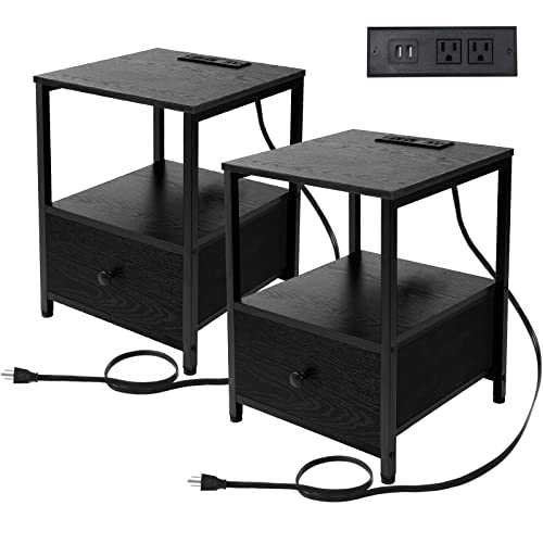 AMHANCIBLE Nightstands Set of 2, End Tables Living Room with Charging Station, Side Table with Drawers and USB Ports & Power Outlets, Sofa Table for Bedroom, Black HET04SDBK