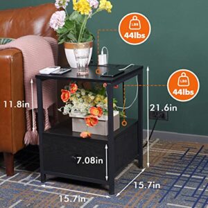 AMHANCIBLE Nightstands Set of 2, End Tables Living Room with Charging Station, Side Table with Drawers and USB Ports & Power Outlets, Sofa Table for Bedroom, Black HET04SDBK