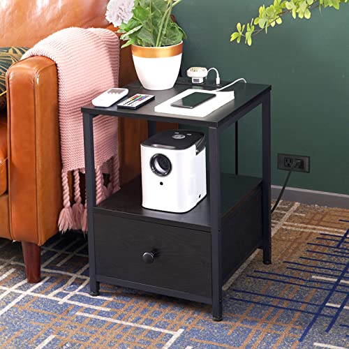 AMHANCIBLE Nightstands Set of 2, End Tables Living Room with Charging Station, Side Table with Drawers and USB Ports & Power Outlets, Sofa Table for Bedroom, Black HET04SDBK