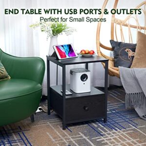 AMHANCIBLE Nightstands Set of 2, End Tables Living Room with Charging Station, Side Table with Drawers and USB Ports & Power Outlets, Sofa Table for Bedroom, Black HET04SDBK