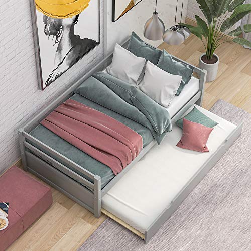 GLORHOME Twin Size Daybed Platform Sofa Bed Frame with Pull Out Trundle for Adults Kids Living Room Bedroom, No Box Spring Required, Grey