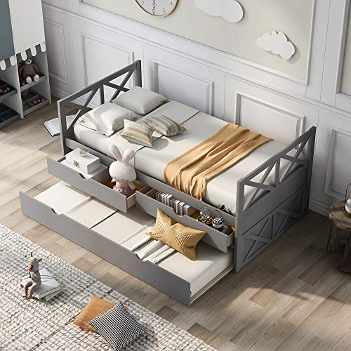 GLORHOME Twin Platform Bed,Multifunctional Wood Storage DayBed Sofa Bed Frame with Trundle and Two Drawers for Living Room Bedroom, Grey