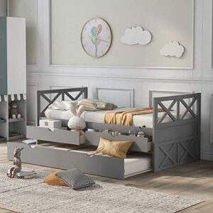 GLORHOME Twin Platform Bed,Multifunctional Wood Storage DayBed Sofa Bed Frame with Trundle and Two Drawers for Living Room Bedroom, Grey