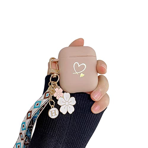 Ownest Compatible for AirPods Case Soft TPU with Gold Heart Pattern Cute Fruit Flowers Keychain Shockproof Cover Case for Girls Woman Airpods 2 &1-Brown Floral