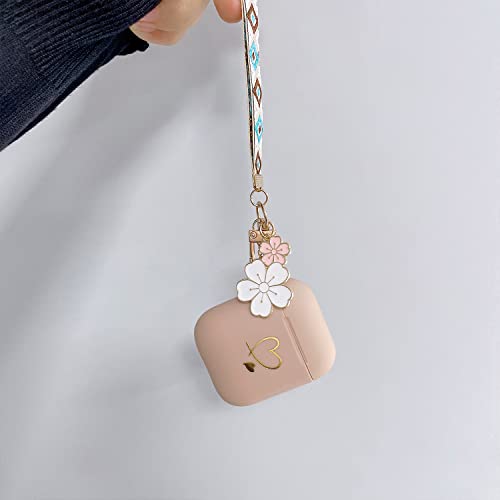 Ownest Compatible for AirPods Case Soft TPU with Gold Heart Pattern Cute Fruit Flowers Keychain Shockproof Cover Case for Girls Woman Airpods 2 &1-Brown Floral