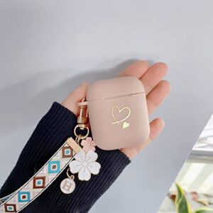 Ownest Compatible for AirPods Case Soft TPU with Gold Heart Pattern Cute Fruit Flowers Keychain Shockproof Cover Case for Girls Woman Airpods 2 &1-Brown Floral