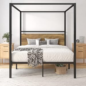 ikalido queen size metal canopy bed frame with wooden headboard, classic design canopy bed with 4 sturdy posters, noise free/no box spring needed/industrial brown
