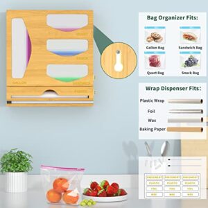 Foil and Plastic Wrap Organizer with Bag Storage Organizer, Bamboo Wrap Dispenser with cutter, Food Storage Bag Organizer for Gallon, Quart, Sandwich, Snack