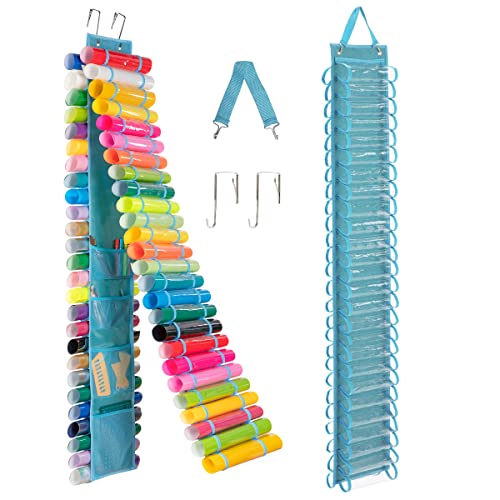 shiningwaner Vinyl Storage Organizer with 52 Compartments, Vinyl Roll Holder Wall Mount/Over The Door, Hanging Organizer Storage Rack For Craft, Blue