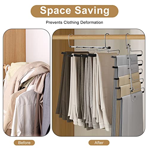 Pants Hangers Space Saving Stainless Steel, Non-Slip, No Installation, Jean Hangers,Closet Space Saving Magic Pants Hangers Pants Organizer (2 Pack)