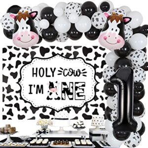 holy cow i'm one birthday decorations, cow farm theme 1st birthday party decorations for boy, black and white cow balloon garland arch kit, happy birthday backdrop, cow head foil balloons