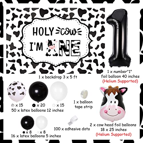 Holy Cow I'm One Birthday Decorations, Cow Farm Theme 1st Birthday Party Decorations for Boy, Black and White Cow Balloon Garland Arch Kit, Happy Birthday Backdrop, Cow Head Foil Balloons