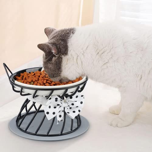 Dorakitten Elevated Cat Ceramic Bowls: Raised Cat Food Bowl, Cute Cat Feeder Bowl Stand, Food & Water Anti Vomiting Shallow Ceramic Cat Dish, with Non-Slip Mat Pet Bowl for All Cat (Black)