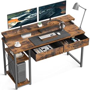 odk computer desk 47" table: office desk with cloth drawers & wood storage shelves, home work writing desk & large space monitor stand, rustic brown