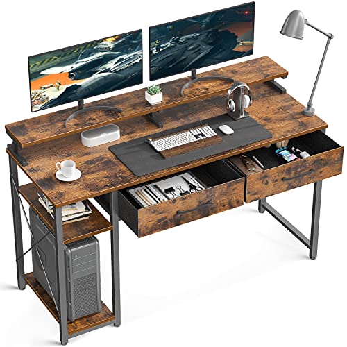 ODK Computer Desk 47" Table: Office Desk with Cloth Drawers & Wood Storage Shelves, Home Work Writing Desk & Large Space Monitor Stand, Rustic Brown