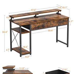 ODK Computer Desk 47" Table: Office Desk with Cloth Drawers & Wood Storage Shelves, Home Work Writing Desk & Large Space Monitor Stand, Rustic Brown