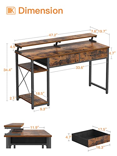 ODK Computer Desk 47" Table: Office Desk with Cloth Drawers & Wood Storage Shelves, Home Work Writing Desk & Large Space Monitor Stand, Rustic Brown