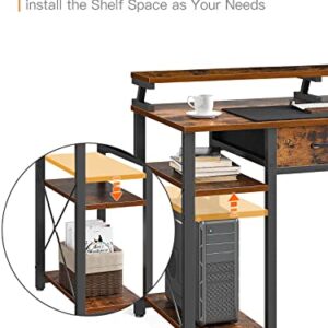 ODK Computer Desk 47" Table: Office Desk with Cloth Drawers & Wood Storage Shelves, Home Work Writing Desk & Large Space Monitor Stand, Rustic Brown