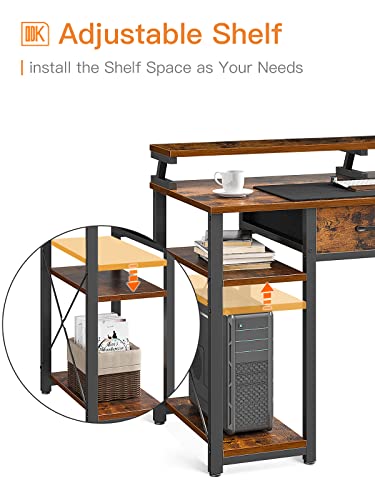 ODK Computer Desk 47" Table: Office Desk with Cloth Drawers & Wood Storage Shelves, Home Work Writing Desk & Large Space Monitor Stand, Rustic Brown