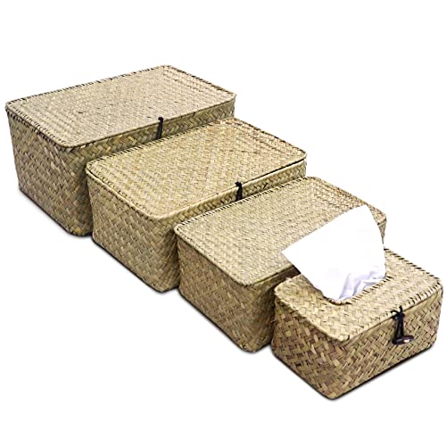 MoYouno Natural Seagrass Storage Baskets with Lid, Seaweed Woven Basket Storage Box Set of 4, Handwoven Seagrass Rattan Storage Box for Home Organizer (little green)