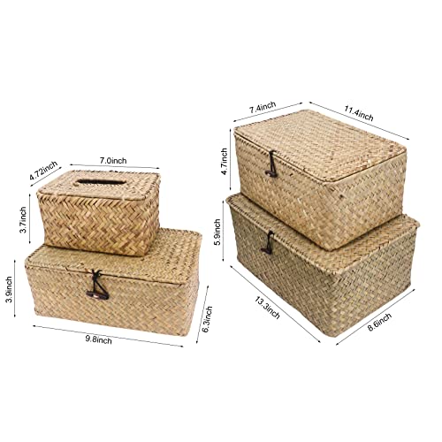 MoYouno Natural Seagrass Storage Baskets with Lid, Seaweed Woven Basket Storage Box Set of 4, Handwoven Seagrass Rattan Storage Box for Home Organizer (little green)