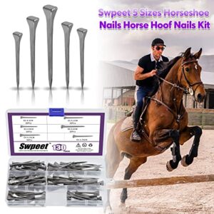 Swpeet 130Pcs 5 Sizes E2 E3 E4 E5 E6 Steel Horseshoe Nails Assortment Kit, 1.6" 1.7" 1.8" 2" 2.1" Horse Hoof Nails Horseshoe Tools Fix Horse Nail Palm for Horse Race Horse Horse Training