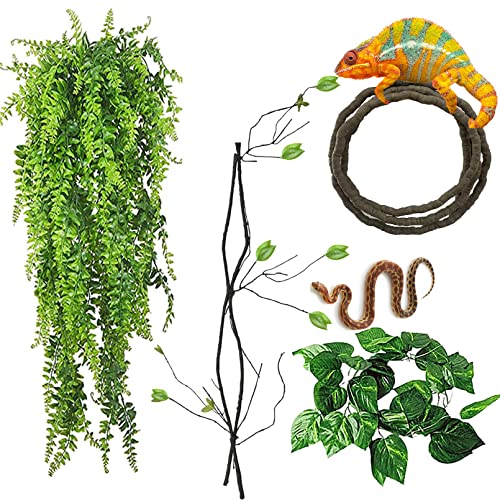 kathson Reptile Vine Plants,Flexible Green Plant Decor Hanging Vine Plant Climbing Terrarium Leaves Branch Habitat Accessory for Lizards Bearded Dragon Geckos  Snakes Chameleons (4 PCS)