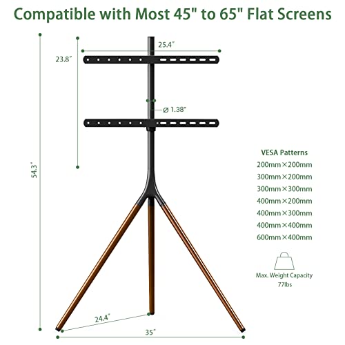 UPGRAVITY Easel TV Stand with Tripod Base for 45-65 inch LED LCD OLED Flat Screens, Height Adjustable TV Floor Stand w/Cable Ties, 180°Swivel Portable TV Mount Stand for Bedroom, Living Room, Studio