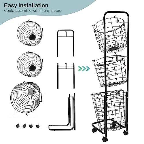 uyoyous Laundry Basket on Wheels 3 Tier Large Laundry Hampers 48.4x12.6x9.7 Inch Laundry Room Organization and Storage with Removable Wire Baskets Clothing Sorting Laundry Baskets