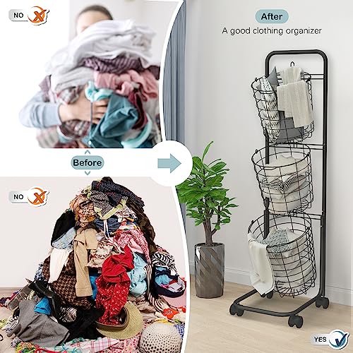 uyoyous Laundry Basket on Wheels 3 Tier Large Laundry Hampers 48.4x12.6x9.7 Inch Laundry Room Organization and Storage with Removable Wire Baskets Clothing Sorting Laundry Baskets