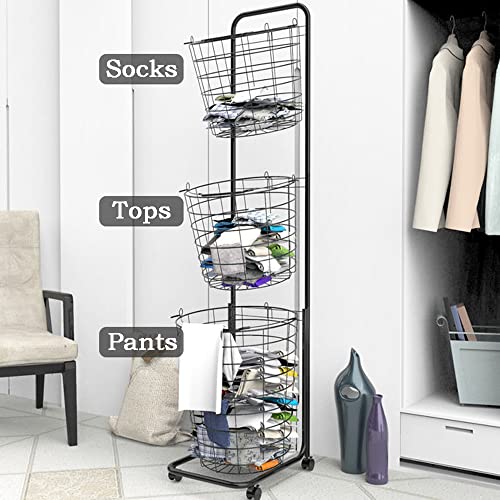 uyoyous Laundry Basket on Wheels 3 Tier Large Laundry Hampers 48.4x12.6x9.7 Inch Laundry Room Organization and Storage with Removable Wire Baskets Clothing Sorting Laundry Baskets