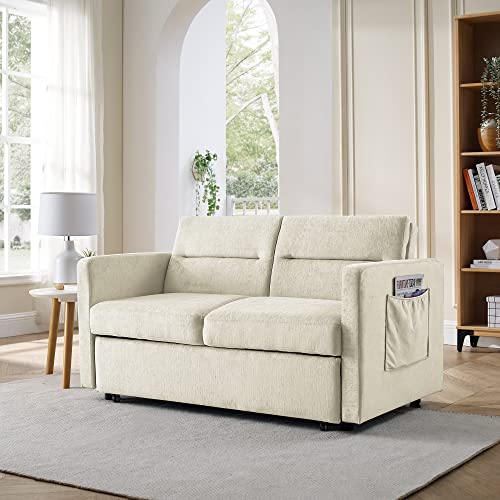 Melpomene Loveseat Sleeper Velvet Couch with Pull-Out Bed, Oversized Armchair and Convertible Sofa Bed with Adjustable Back 55" and Arm Pockets (Beige)