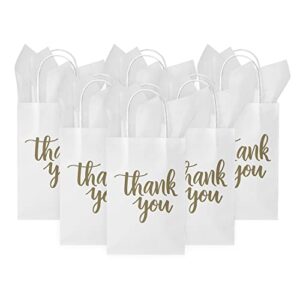 djinnglory 50 pack small white thank you paper gift bags with handles and 24 sheets tissue paper for small business, shopping, wedding, baby shower, party favors (small 9''x5.5''x3.15'', white)
