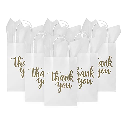 DjinnGlory 50 Pack Small White Thank You Paper Gift Bags with Handles and 24 Sheets Tissue Paper for Small Business, Shopping, Wedding, Baby Shower, Party Favors (Small 9''x5.5''x3.15'', White)