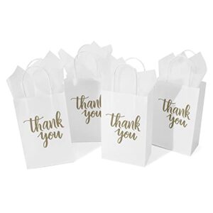 DjinnGlory 50 Pack Small White Thank You Paper Gift Bags with Handles and 24 Sheets Tissue Paper for Small Business, Shopping, Wedding, Baby Shower, Party Favors (Small 9''x5.5''x3.15'', White)