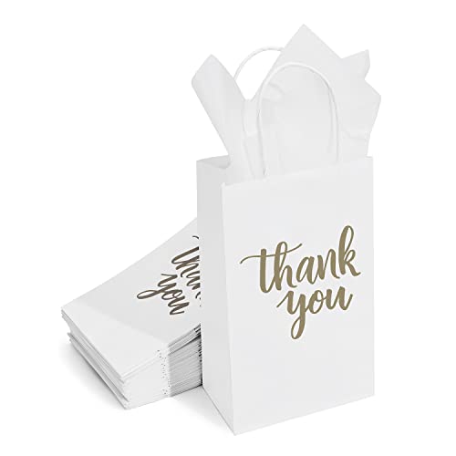 DjinnGlory 50 Pack Small White Thank You Paper Gift Bags with Handles and 24 Sheets Tissue Paper for Small Business, Shopping, Wedding, Baby Shower, Party Favors (Small 9''x5.5''x3.15'', White)