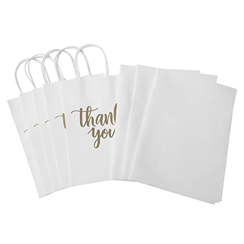 DjinnGlory 50 Pack Small White Thank You Paper Gift Bags with Handles and 24 Sheets Tissue Paper for Small Business, Shopping, Wedding, Baby Shower, Party Favors (Small 9''x5.5''x3.15'', White)