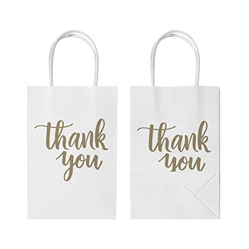 DjinnGlory 50 Pack Small White Thank You Paper Gift Bags with Handles and 24 Sheets Tissue Paper for Small Business, Shopping, Wedding, Baby Shower, Party Favors (Small 9''x5.5''x3.15'', White)