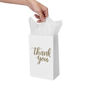 DjinnGlory 50 Pack Small White Thank You Paper Gift Bags with Handles and 24 Sheets Tissue Paper for Small Business, Shopping, Wedding, Baby Shower, Party Favors (Small 9''x5.5''x3.15'', White)