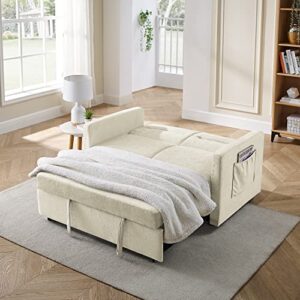 Melpomene Loveseat Sleeper Velvet Couch with Pull-Out Bed, Oversized Armchair and Convertible Sofa Bed with Adjustable Back 55" and Arm Pockets (Beige)